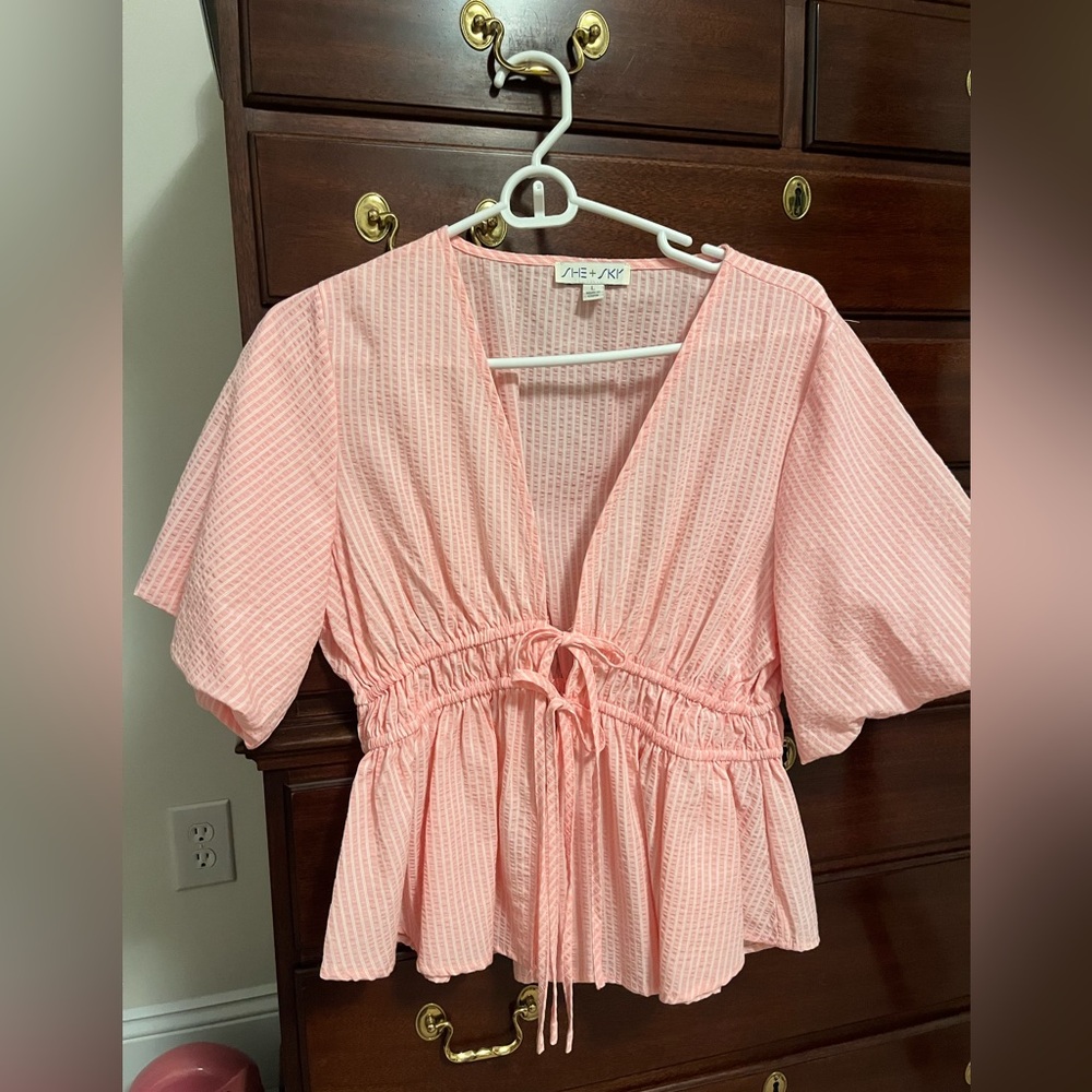 She + Sky Pink Textured V-Neck Blouse